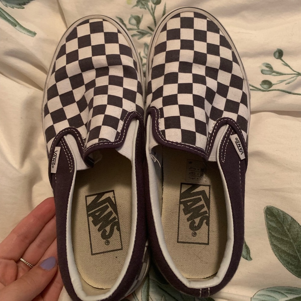 white and purple checkered vans
